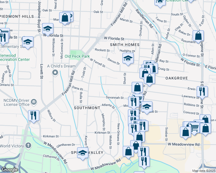 map of restaurants, bars, coffee shops, grocery stores, and more near 627 Garrett Street in Greensboro