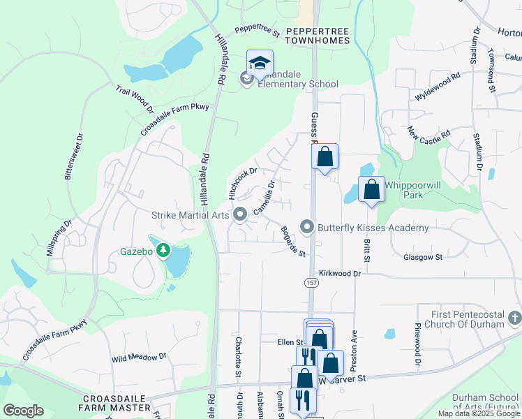 map of restaurants, bars, coffee shops, grocery stores, and more near 2602 Camellia Drive in Durham