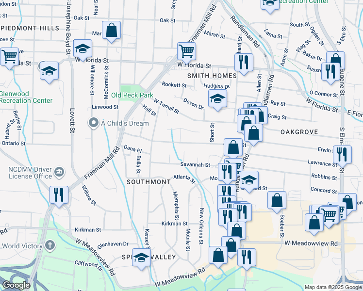 map of restaurants, bars, coffee shops, grocery stores, and more near 627 Garrett Street in Greensboro