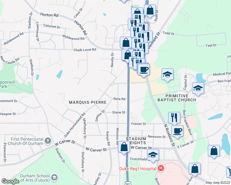 map of restaurants, bars, coffee shops, grocery stores, and more near 3411 Winston Road in Durham