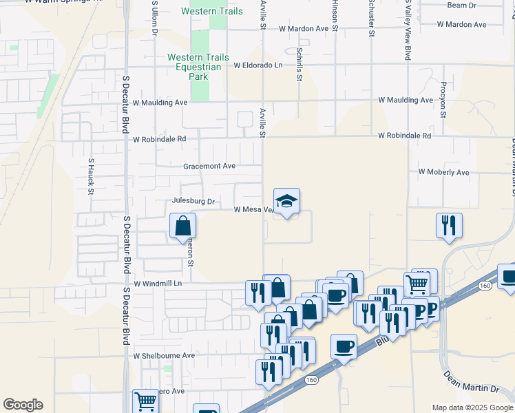 map of restaurants, bars, coffee shops, grocery stores, and more near 4410 West Mesa Verde Lane in Las Vegas