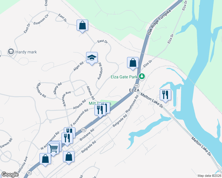 map of restaurants, bars, coffee shops, grocery stores, and more near 119-A Arcadia Lane in Oak Ridge