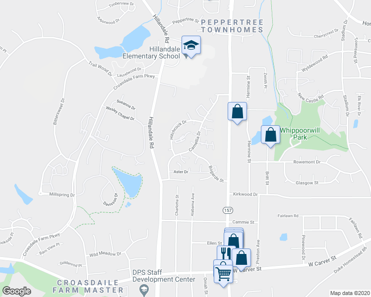 map of restaurants, bars, coffee shops, grocery stores, and more near 2515 Camellia Drive in Durham