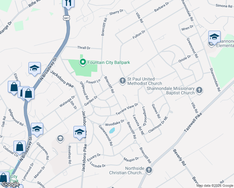 map of restaurants, bars, coffee shops, grocery stores, and more near 5450 Briercliff Road in Knoxville