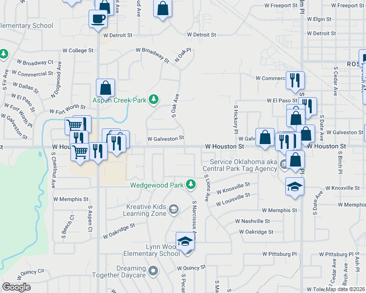 map of restaurants, bars, coffee shops, grocery stores, and more near 604 South Oak Avenue in Broken Arrow
