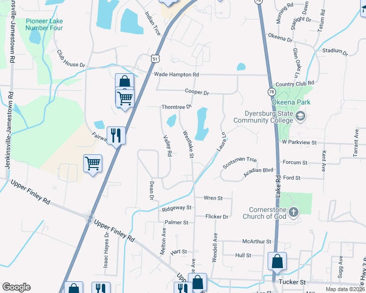 map of restaurants, bars, coffee shops, grocery stores, and more near 1603 Westlake Street in Dyersburg