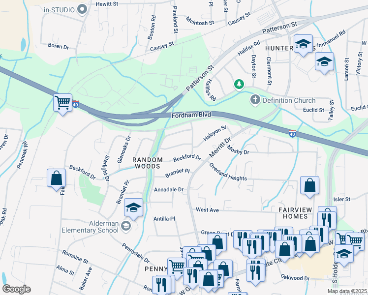 map of restaurants, bars, coffee shops, grocery stores, and more near 4105 Farmbrooke Drive in Greensboro