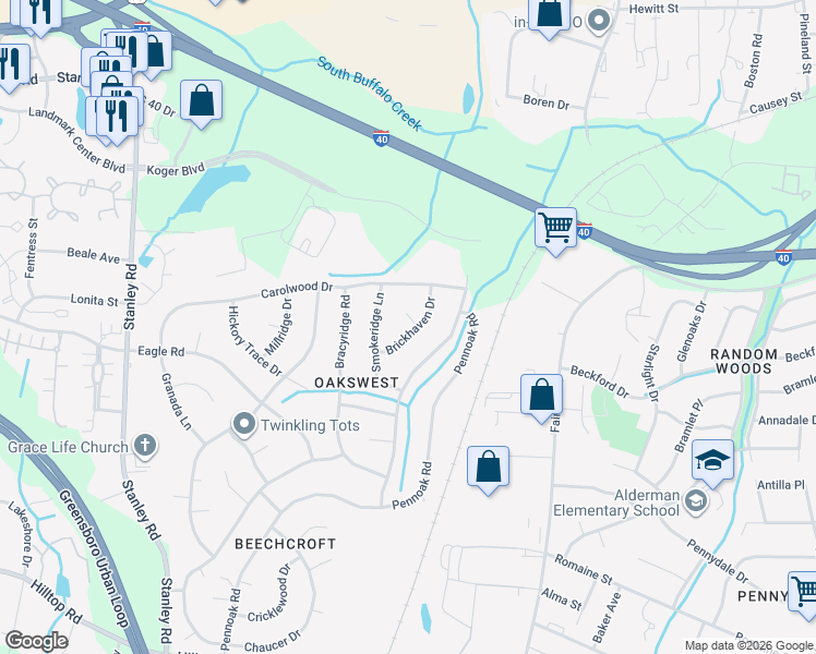 map of restaurants, bars, coffee shops, grocery stores, and more near 2100 Brickhaven Drive in Greensboro