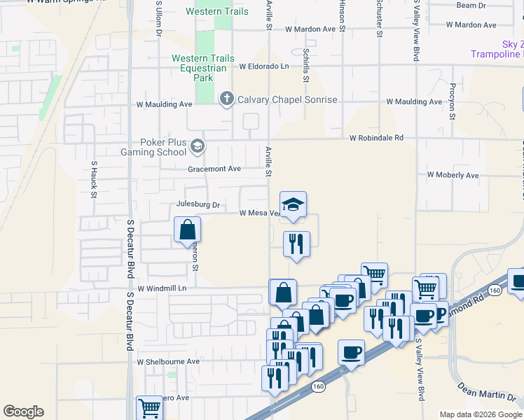 map of restaurants, bars, coffee shops, grocery stores, and more near 4410 West Mesa Verde Lane in Las Vegas