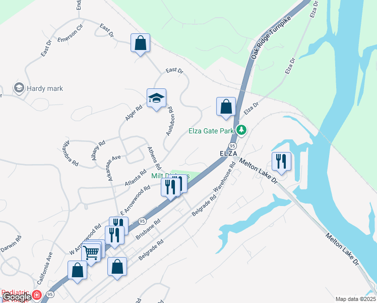 map of restaurants, bars, coffee shops, grocery stores, and more near 119-A Arcadia Lane in Oak Ridge