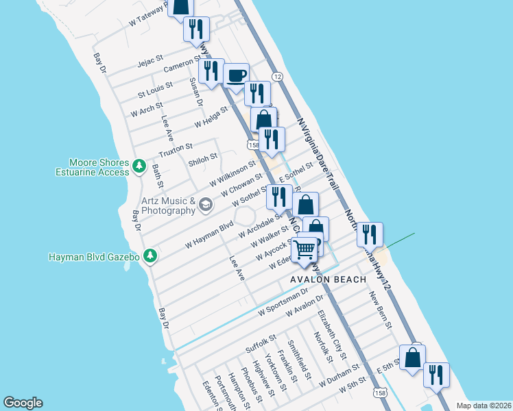 map of restaurants, bars, coffee shops, grocery stores, and more near 218 Hayman Boulevard in Kill Devil Hills