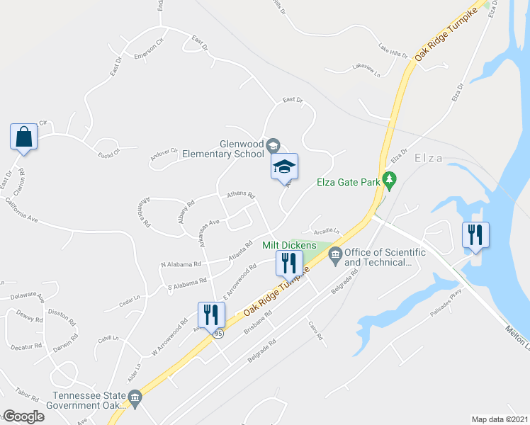 map of restaurants, bars, coffee shops, grocery stores, and more near 134 Athens Road in Oak Ridge