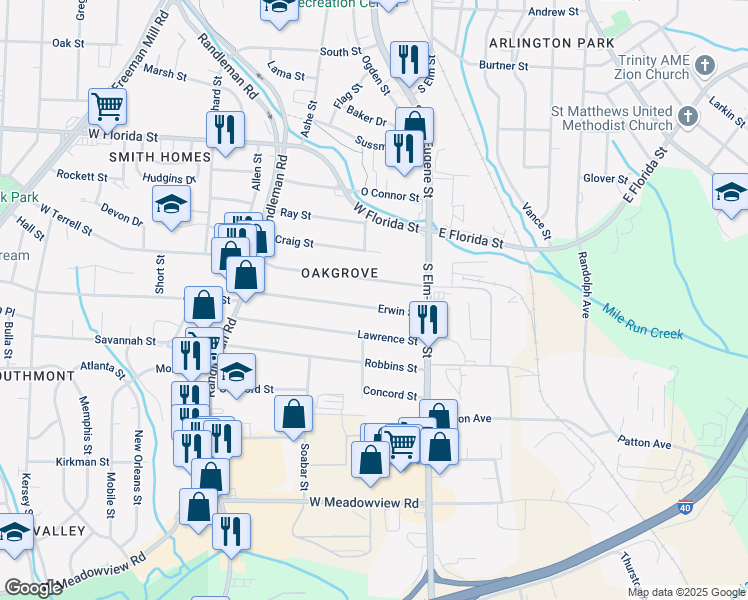 map of restaurants, bars, coffee shops, grocery stores, and more near 120 Erwin Street in Greensboro
