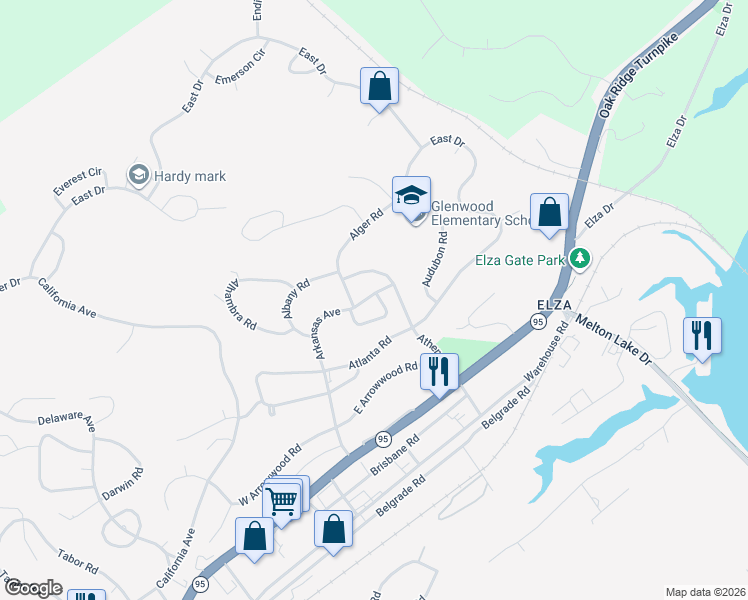 map of restaurants, bars, coffee shops, grocery stores, and more near 151 Arkansas Avenue in Oak Ridge