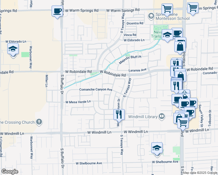 map of restaurants, bars, coffee shops, grocery stores, and more near 7444 Comanche Canyon Ave in Las Vegas