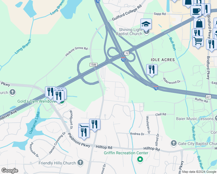 map of restaurants, bars, coffee shops, grocery stores, and more near 1119 Strickland Court in Jamestown