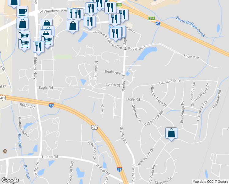 map of restaurants, bars, coffee shops, grocery stores, and more near 917 Eagle Road in Greensboro