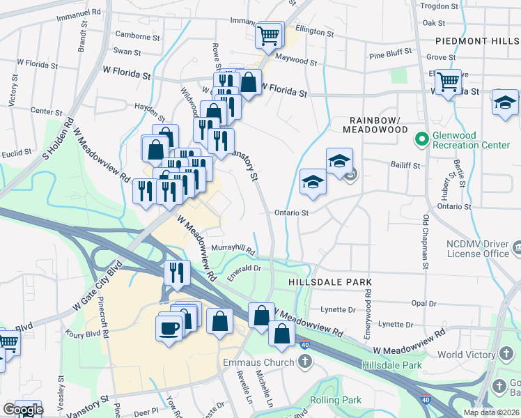 map of restaurants, bars, coffee shops, grocery stores, and more near 1944 Vanstory Street in Greensboro