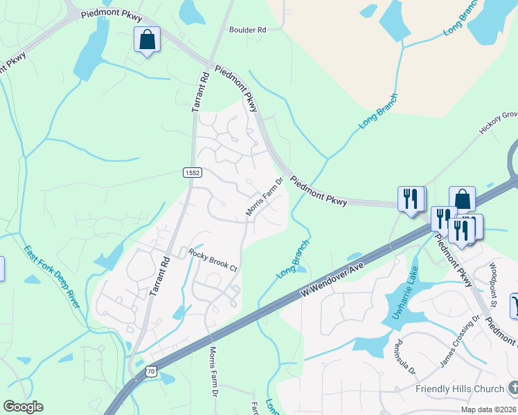 map of restaurants, bars, coffee shops, grocery stores, and more near 4504 Piedmont Trace Drive in Greensboro