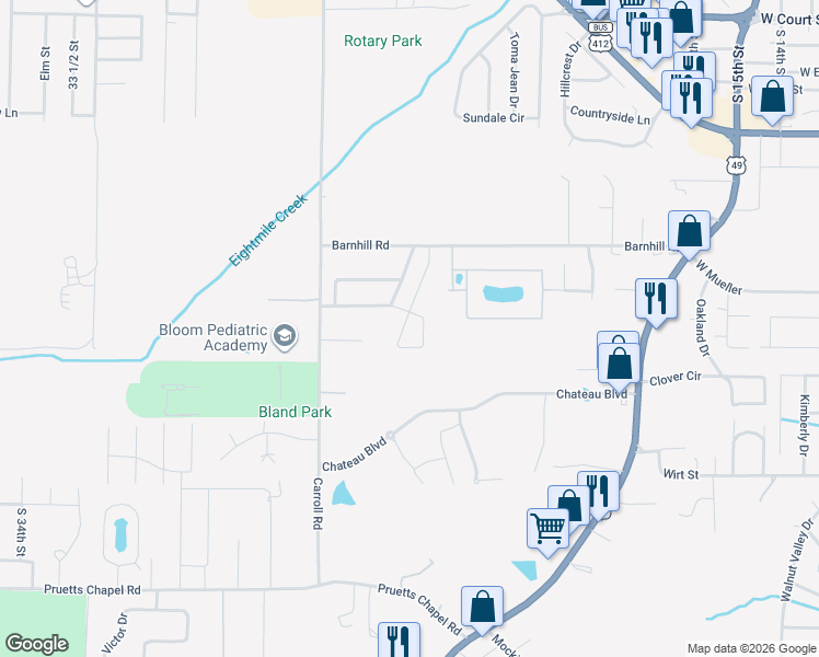 map of restaurants, bars, coffee shops, grocery stores, and more near 2502 Christopher Drive in Paragould