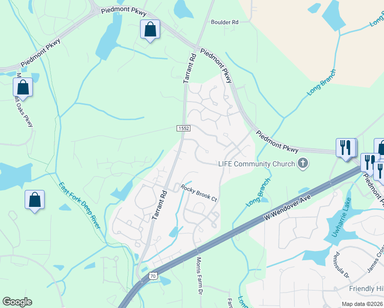 map of restaurants, bars, coffee shops, grocery stores, and more near 4410 River Forest Lane in Greensboro