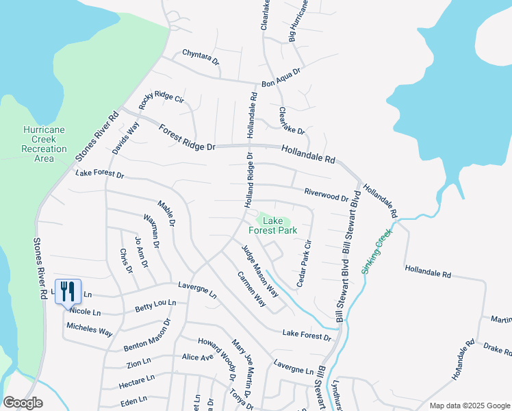 map of restaurants, bars, coffee shops, grocery stores, and more near 303 Cedar Park Circle in La Vergne