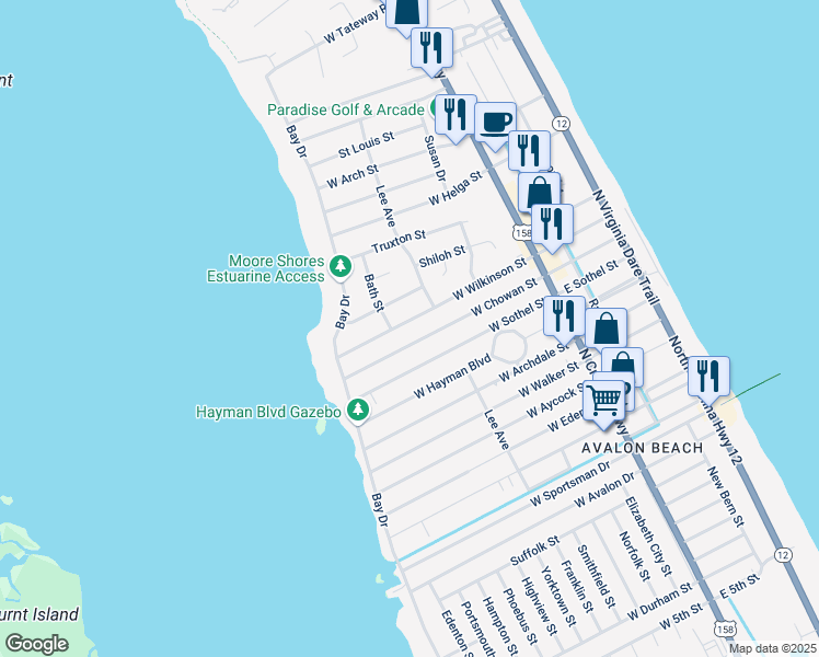 map of restaurants, bars, coffee shops, grocery stores, and more near 429 West Wilkinson Street in Kill Devil Hills