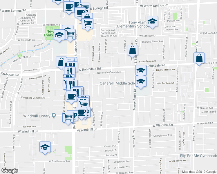map of restaurants, bars, coffee shops, grocery stores, and more near 7831 Abalone Bay Street in Las Vegas