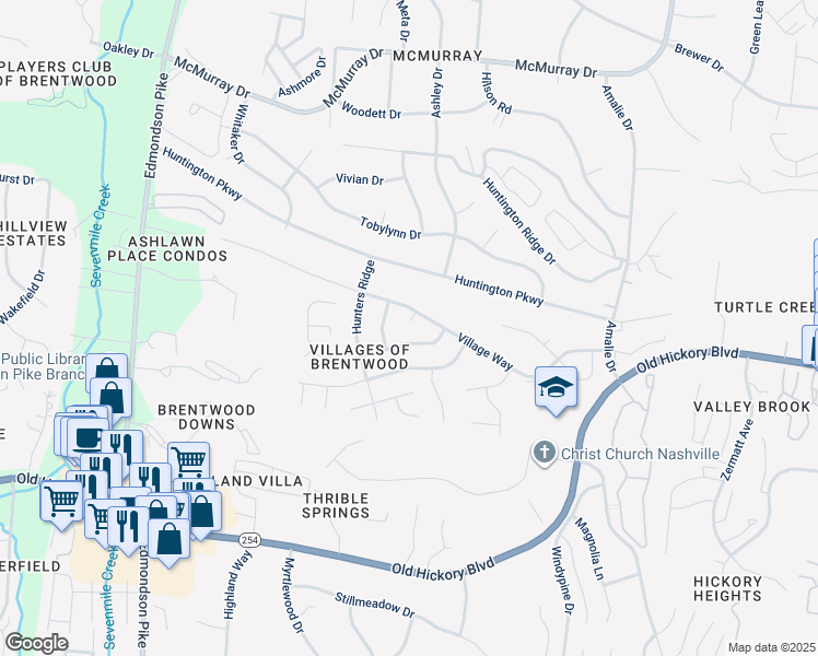 map of restaurants, bars, coffee shops, grocery stores, and more near 209 Village Place in Nashville