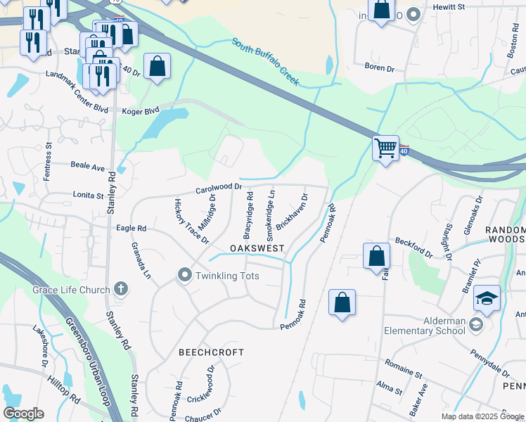 map of restaurants, bars, coffee shops, grocery stores, and more near 2008 Smokeridge Ln in Greensboro