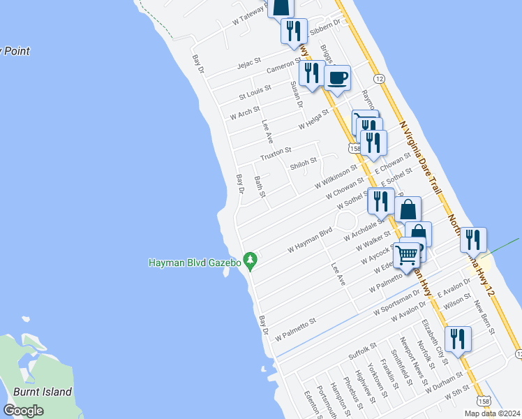 map of restaurants, bars, coffee shops, grocery stores, and more near 508 West Wilkinson Street in Kill Devil Hills