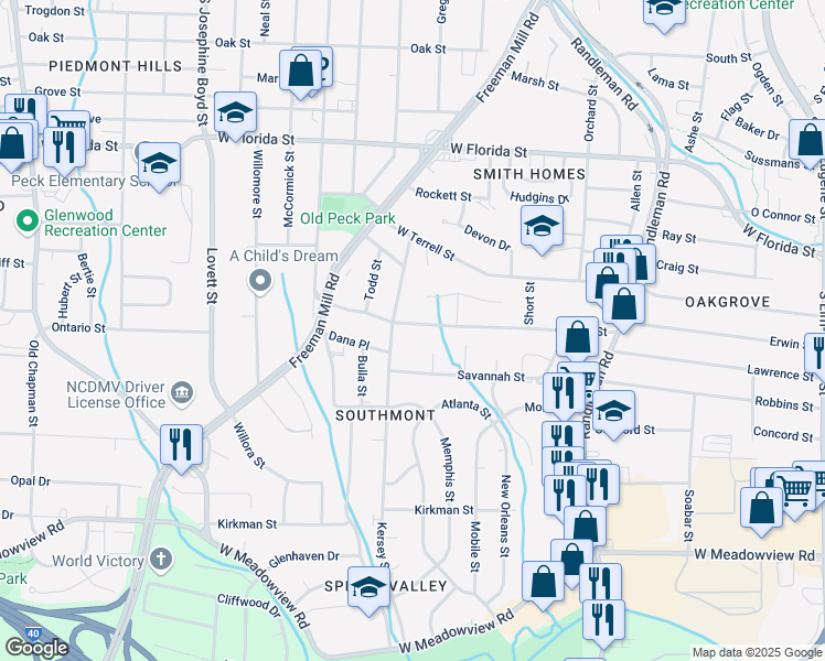 map of restaurants, bars, coffee shops, grocery stores, and more near 713 Garrett Street in Greensboro