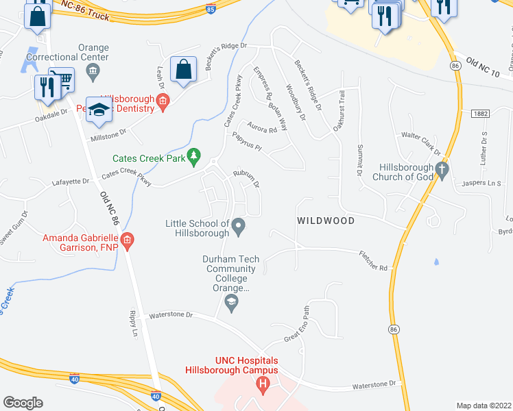 map of restaurants, bars, coffee shops, grocery stores, and more near 314 Rubrum Drive in Hillsborough
