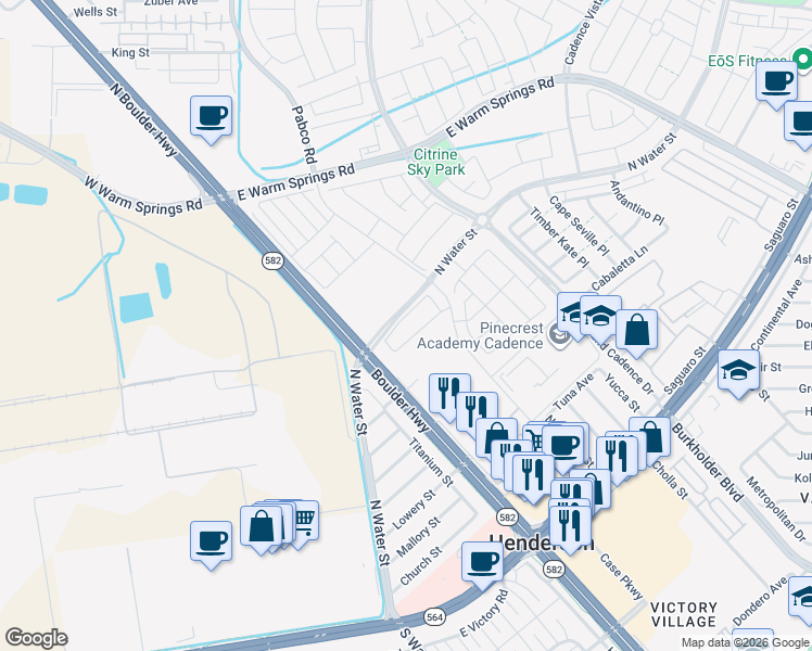 map of restaurants, bars, coffee shops, grocery stores, and more near 258 Sunlit Meadow Lane in Henderson