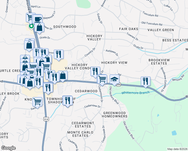 map of restaurants, bars, coffee shops, grocery stores, and more near 2045 Pinecrest Drive in Nashville