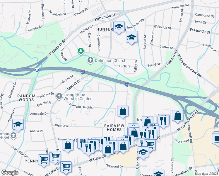 map of restaurants, bars, coffee shops, grocery stores, and more near 3703 Belhaven Drive in Greensboro
