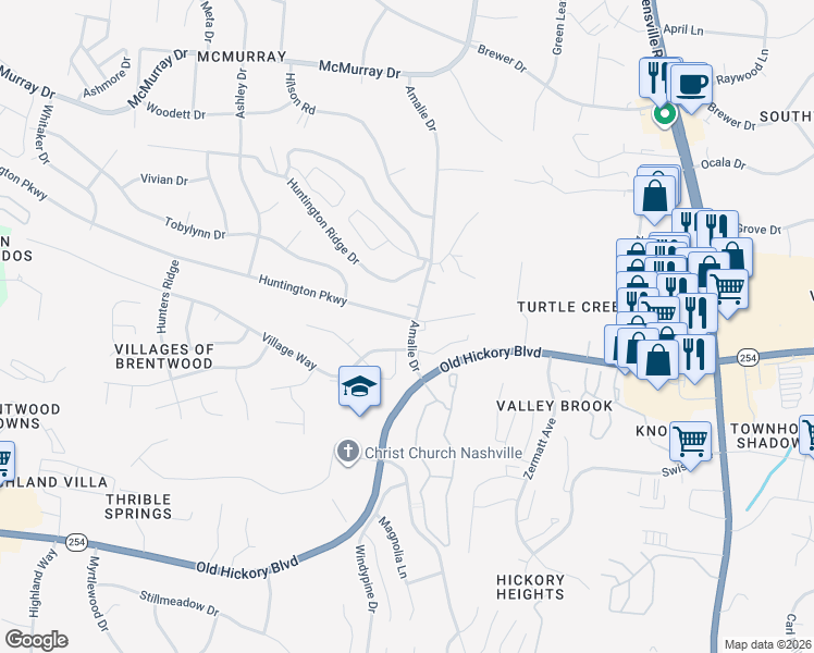 map of restaurants, bars, coffee shops, grocery stores, and more near 549 Huntington Parkway in Nashville