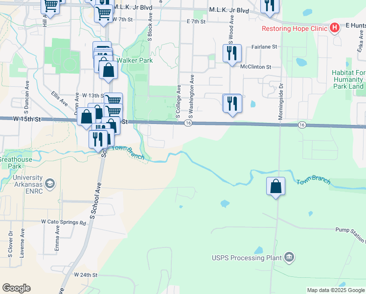map of restaurants, bars, coffee shops, grocery stores, and more near 1500 South College Avenue in Fayetteville