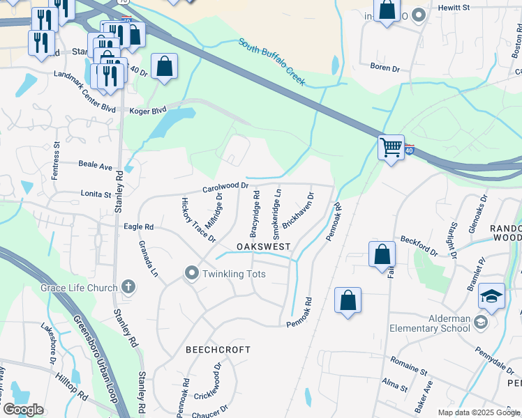 map of restaurants, bars, coffee shops, grocery stores, and more near 2008 Smokeridge Lane in Greensboro