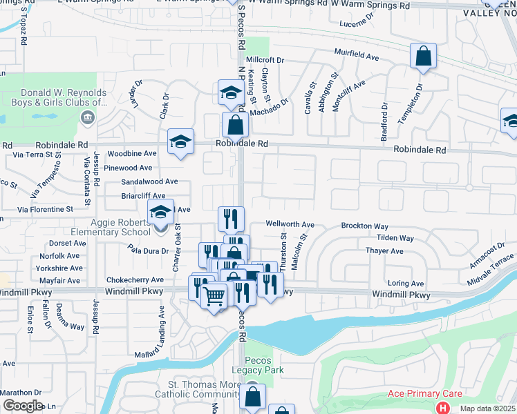 map of restaurants, bars, coffee shops, grocery stores, and more near 2539 Mesa Verde Terrace in Henderson