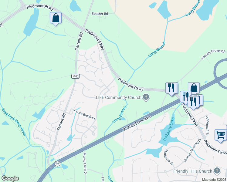 map of restaurants, bars, coffee shops, grocery stores, and more near 4605 Allisons Way in Greensboro