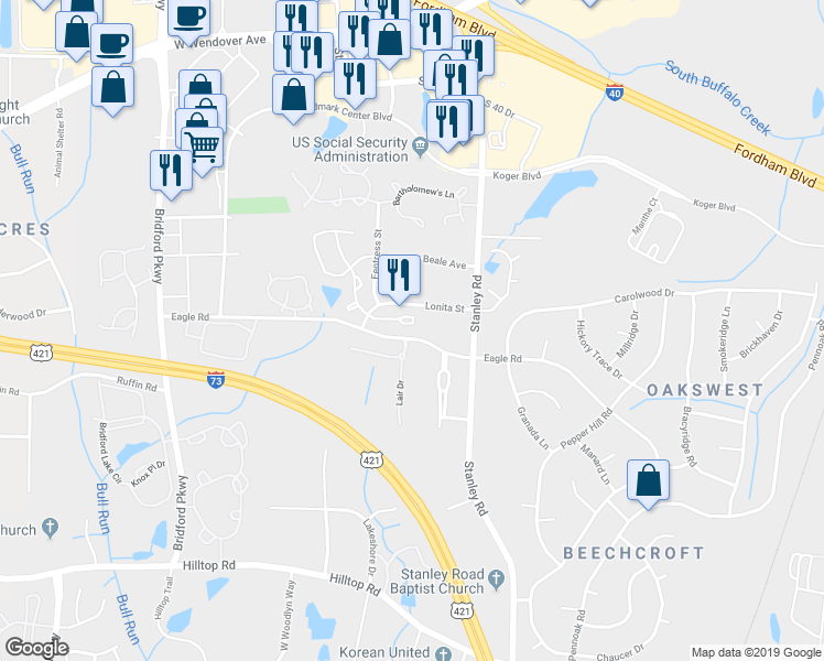 map of restaurants, bars, coffee shops, grocery stores, and more near 103 Bridford Downs Drive in Greensboro