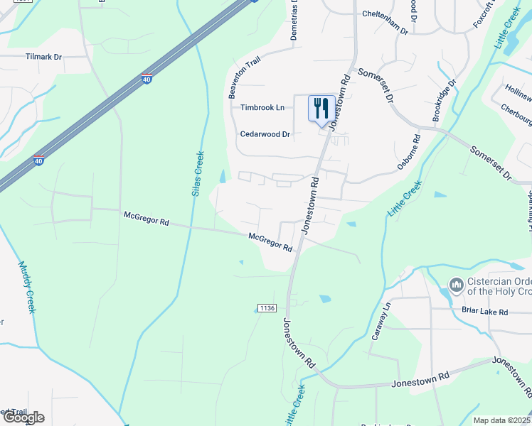 map of restaurants, bars, coffee shops, grocery stores, and more near 1360 Stonecroft Court in Winston-Salem
