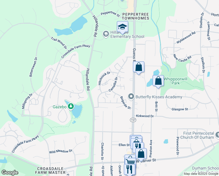 map of restaurants, bars, coffee shops, grocery stores, and more near 2515 Camellia Drive in Durham