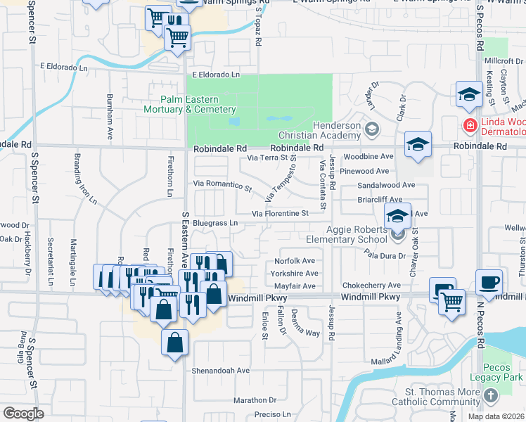 map of restaurants, bars, coffee shops, grocery stores, and more near 2832 Via Florentine Street in Henderson
