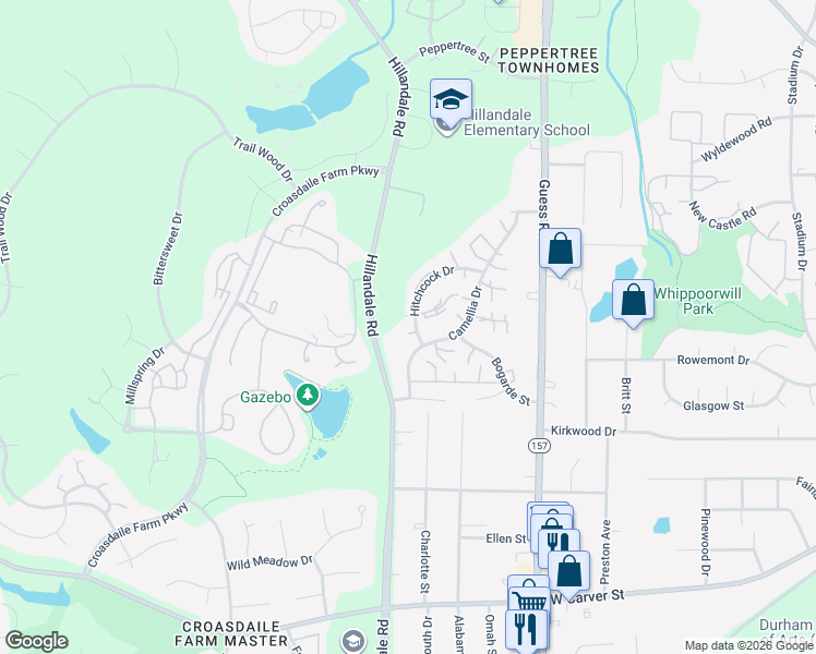 map of restaurants, bars, coffee shops, grocery stores, and more near 2519 Hitchcock Drive in Durham