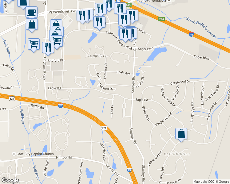 map of restaurants, bars, coffee shops, grocery stores, and more near 107 Bridford Downs Drive in Greensboro