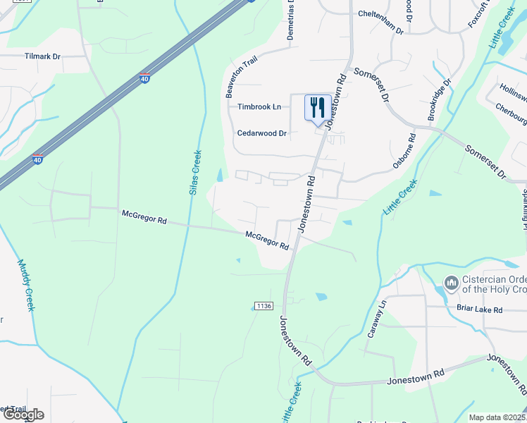 map of restaurants, bars, coffee shops, grocery stores, and more near 1360 Stonecroft Court in Winston-Salem