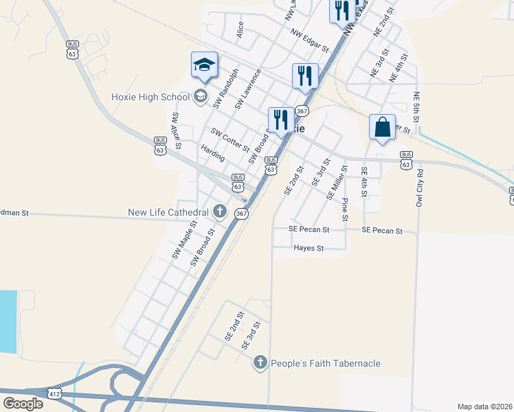 map of restaurants, bars, coffee shops, grocery stores, and more near 609 Southeast 2nd Street in Hoxie