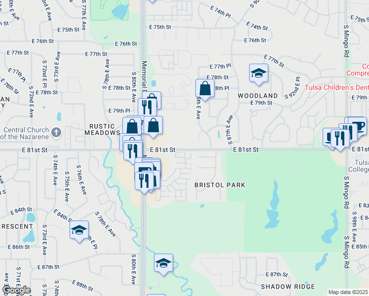 map of restaurants, bars, coffee shops, grocery stores, and more near 8421 East 81st Street in Tulsa